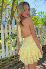 Janea Eyelet Lace Mini Halter Dress ~ Citron