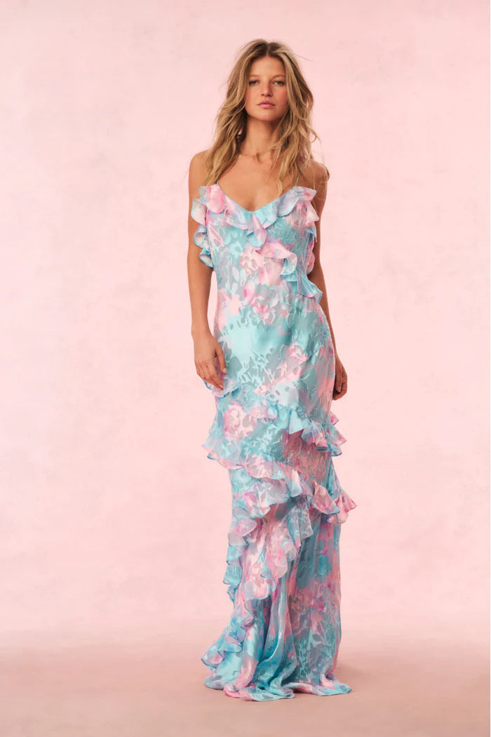 Vibrant Pink Blue Hues Floral Ruffle Dress Vibrant Pink Blue Hues Floral Ruffle Dress