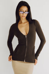 Sienna Zip Up Knit Sweater ~ Chocolate Brown
