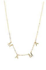 The Mamas in your life deserve this precious banner necklace, or maybe you are that Mama! With its' letters suspended on its' thin gold chain, this piece is perfect for everyday wear and can be layered with your other favorites.  14K Gold Filled Handmade in Costa Mesa, CA. Measures 14" with 2" extender