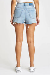 If you're going to cross that line, make it count. The Troublemaker is a high rise cutoff short. Trust us, they don't make them like this anymore, until now. The Troublemaker in Just Kissed is made using our 11.25oz ToughLove denim. It makes every pair look like an authentic vintage score -- it's mostly rigid but yields to your body in all the right ways where you need it to. Made primarily of organic and recycled cotton, leaving you and the earth feeling brand new.