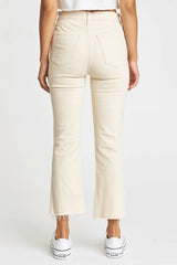 Once bitten, twice shy. The Shy Girl is a high rise crop flare.  99% Cotton, 1% Spandex 11" Rise 26" Inseam 16" Leg Opening Sometimes you need a little bit of everything. The Shy Girl in Raw Cut is made using our 11oz Just Right fabric. It is the perfect mix of rigid and stretch, built into modern silhouettes with vintage character. Reliably flattering, consistently kind.