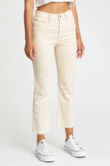 Once bitten, twice shy. The Shy Girl is a high rise crop flare.  99% Cotton, 1% Spandex 11" Rise 26" Inseam 16" Leg Opening Sometimes you need a little bit of everything. The Shy Girl in Raw Cut is made using our 11oz Just Right fabric. It is the perfect mix of rigid and stretch, built into modern silhouettes with vintage character. Reliably flattering, consistently kind.