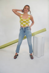 Once bitten, twice shy. The Shy Girl is a high rise crop flare, because sometimes you need a little bit of everything. The Shy Girl in Player is made using our our 11oz JUST RIGHT denim. It's the perfect mix of rigid and stretchy, built into modern silhouettes with vintage character. Organically made, reliably flattering. Our Shy Girl Jean is shown here with our Crochet Check Lace Back Top, Sweet Greens Bustier, and Slay Gel Heel.