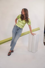 Once bitten, twice shy. The Shy Girl is a high rise crop flare, because sometimes you need a little bit of everything. The Shy Girl in Player is made using our our 11oz JUST RIGHT denim. It's the perfect mix of rigid and stretchy, built into modern silhouettes with vintage character. Organically made, reliably flattering. Our Shy Girl Jean is shown here with our Crochet Check Lace Back Top, Sweet Greens Bustier, and Slay Gel Heel.