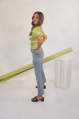 Once bitten, twice shy. The Shy Girl is a high rise crop flare, because sometimes you need a little bit of everything. The Shy Girl in Player is made using our our 11oz JUST RIGHT denim. It's the perfect mix of rigid and stretchy, built into modern silhouettes with vintage character. Organically made, reliably flattering. Our Shy Girl Jean is shown here with our Crochet Check Lace Back Top, Sweet Greens Bustier, and Slay Gel Heel.