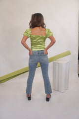 Once bitten, twice shy. The Shy Girl is a high rise crop flare, because sometimes you need a little bit of everything. The Shy Girl in Player is made using our our 11oz JUST RIGHT denim. It's the perfect mix of rigid and stretchy, built into modern silhouettes with vintage character. Organically made, reliably flattering. Our Shy Girl Jean is shown here with our Crochet Check Lace Back Top, Sweet Greens Bustier, and Slay Gel Heel.