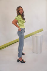 Once bitten, twice shy. The Shy Girl is a high rise crop flare, because sometimes you need a little bit of everything. The Shy Girl in Player is made using our our 11oz JUST RIGHT denim. It's the perfect mix of rigid and stretchy, built into modern silhouettes with vintage character. Organically made, reliably flattering. Our Shy Girl Jean is shown here with our Crochet Check Lace Back Top, Sweet Greens Bustier, and Slay Gel Heel.