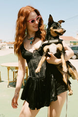 The Elisabeth Romper Dress - Black Satin - Shake Your Bon Bon