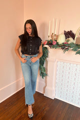 I may not be a people pleaser, but I am a crowd favorite. The Pleaser is a high rise wide ankle jean made using Daze's 11.25oz ToughLove denim. It makes every pair look like an authentic vintage score -- it's mostly rigid but yields to your body in all the right ways where you need it to. Made partially of organic cotton, leaving you and the earth feeling brand new. Paired here with our Sofia Heel in Black and Nora Top.