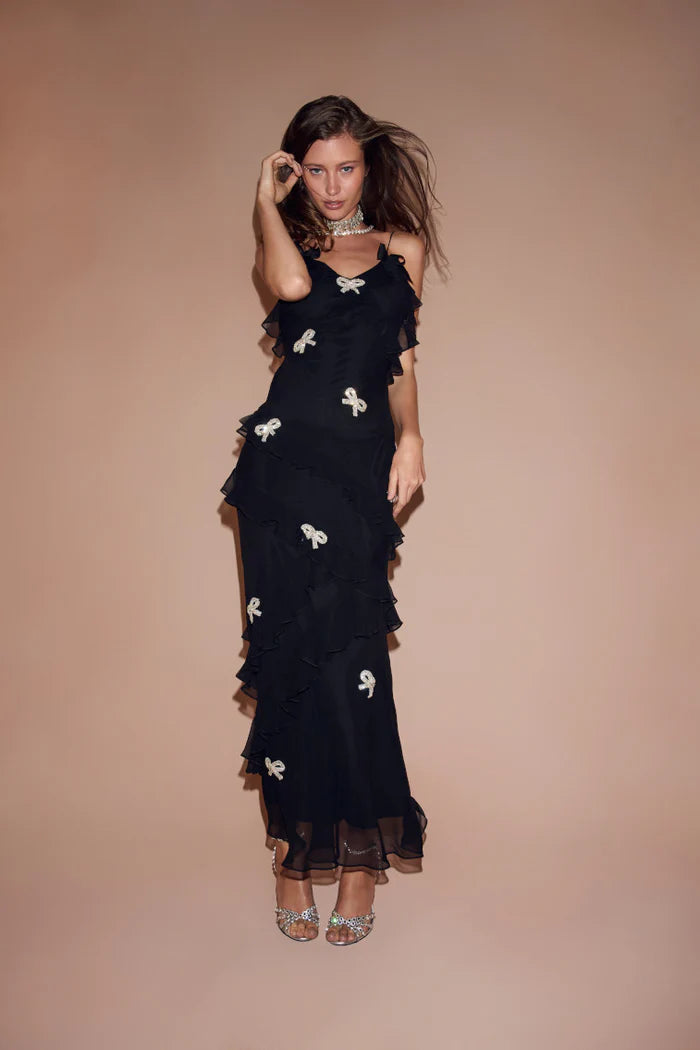 Rialto Crystal Bow-Embellished Maxi Dress ~ Black