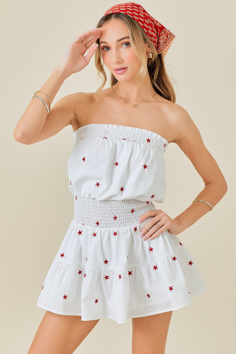 Seeing Stars Embroidered Strapless Romper