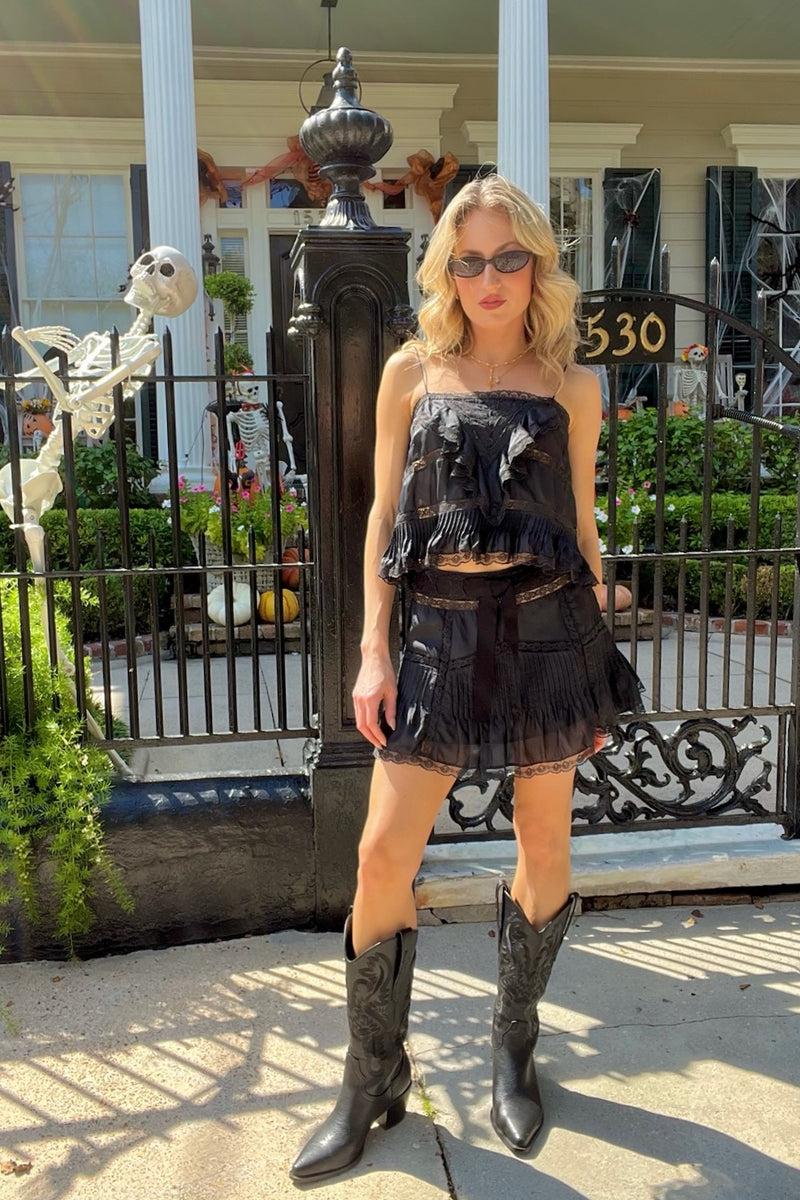 Willia Silk Lace-Detailed Mini Skirt ~ Black