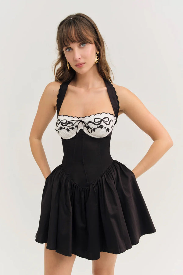 Tea Time Poplin Bustier Mini Dress ~ Black