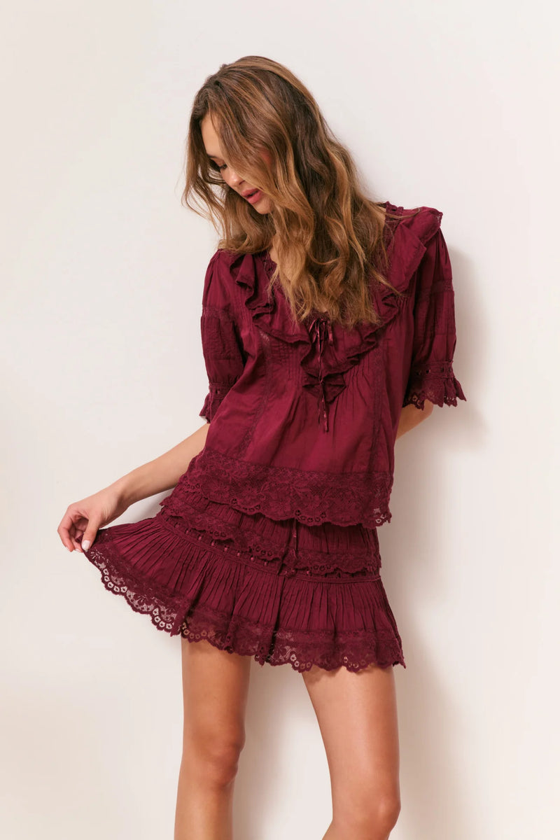 Romilly Cotton Lace Ruffle Blouse ~ Spiced Berry