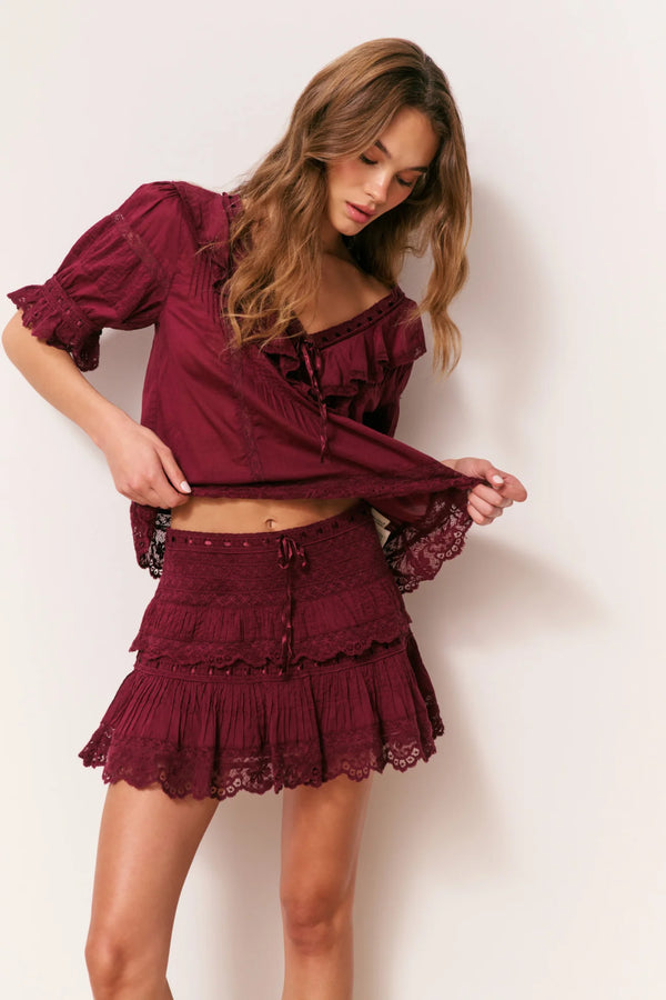 Delphie Cotton Lace-Detailed Mini Skirt ~ Spiced Berry