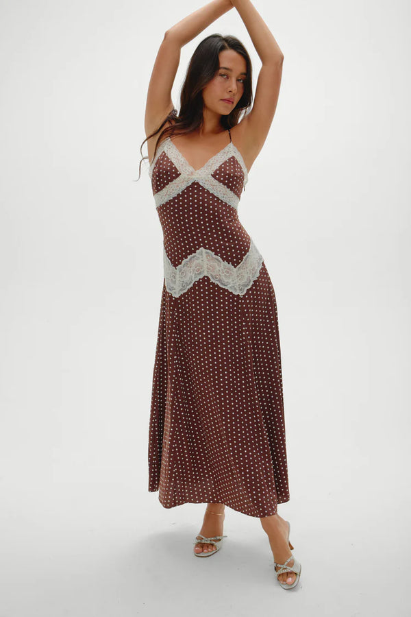 Ethereal Satin Maxi Dress ~ Chocolate Dot