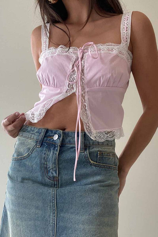 Late Night Talking Tie Front Cami ~ Pink