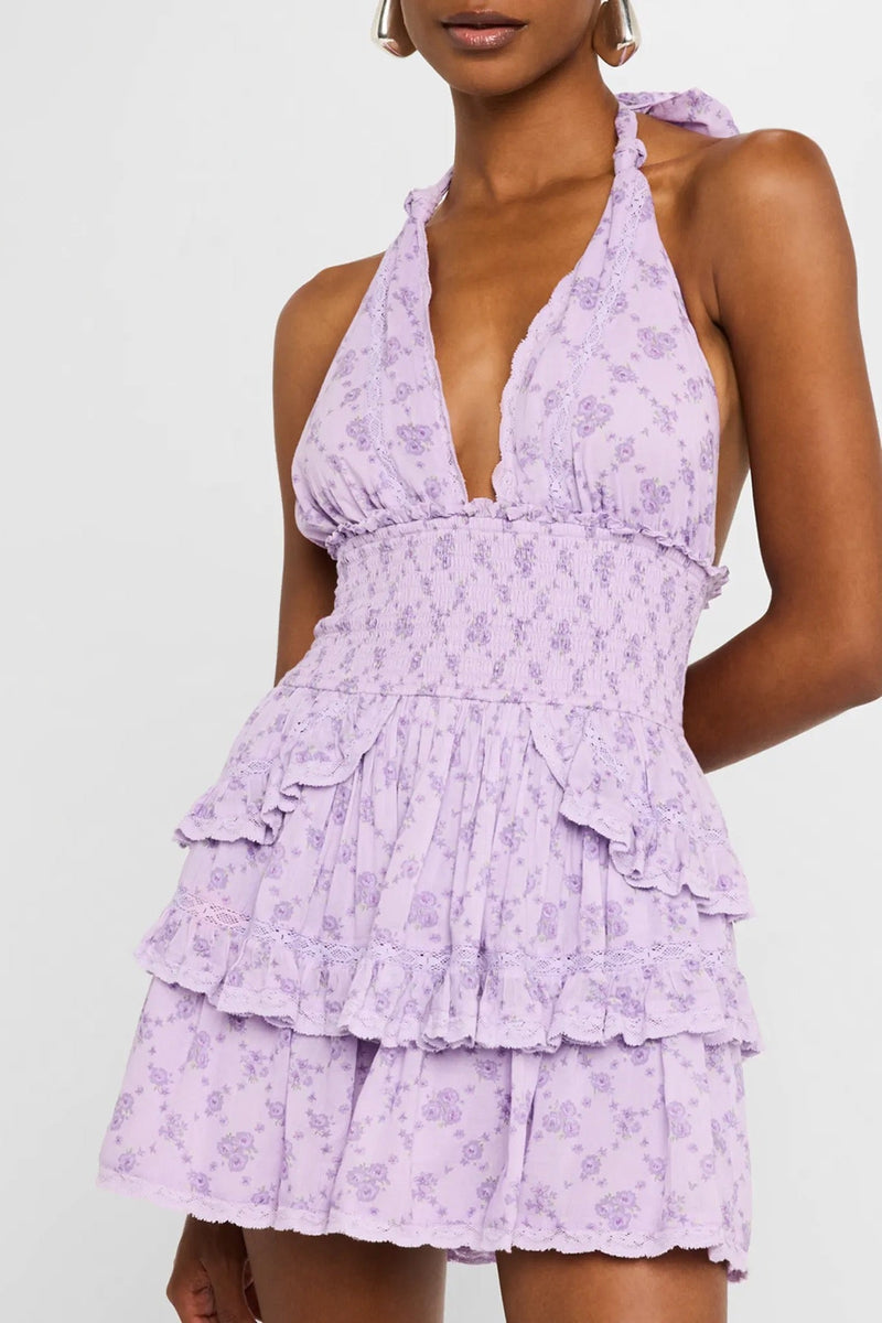 LoveShackFancy Deanna Halter Dress | Purple/Floral | Size L | Shopbop