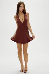Evening Halter Wrap Mini Dress ~ Brown Sugar - Shake Your Bon Bon