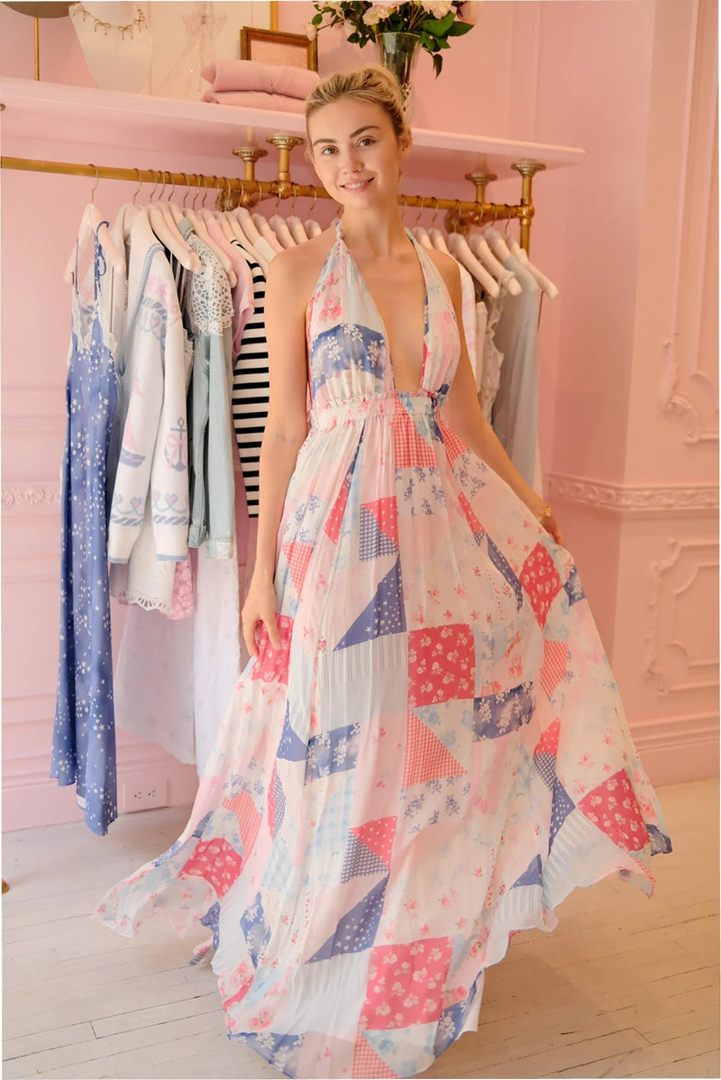 Fancy Patchwork Halter Maxi Dress ~ Blueberry Sundae