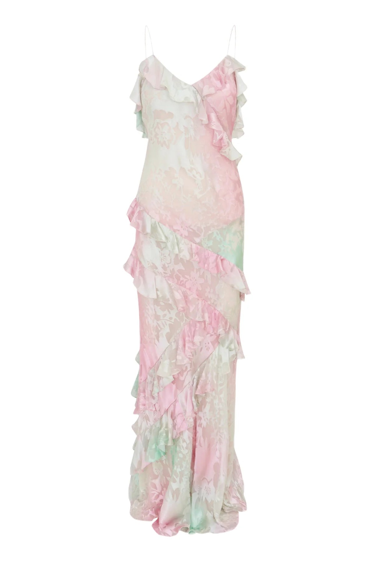 strapless open back dress Rialto Pastel Ruffle Maxi Dress