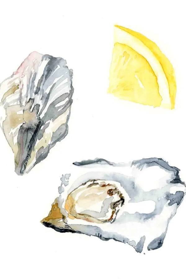 Oyster on the half shell with a slice of lemon painted in delicate watercolor on a clean white background, part of an ongoing series of food illustrations done by local New Orleans artist Lyla Clayre. Hand signed 4" x 6" archival quality fine art print Packaged with post-consumer 100% recycled backing board and clear protective sleeve Made in New Orleans