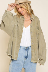 The layering piece of our dreams... this distressed button down is here to give you that much desired peace of mind! With its' vintage-inspired, distressed fabric, button front closure and all around oversized fit, we guarantee this will be the piece you're grabbing when you're running out the door. Style tip? Use it as the perfect sunny cover up for your favorite swimmie! 