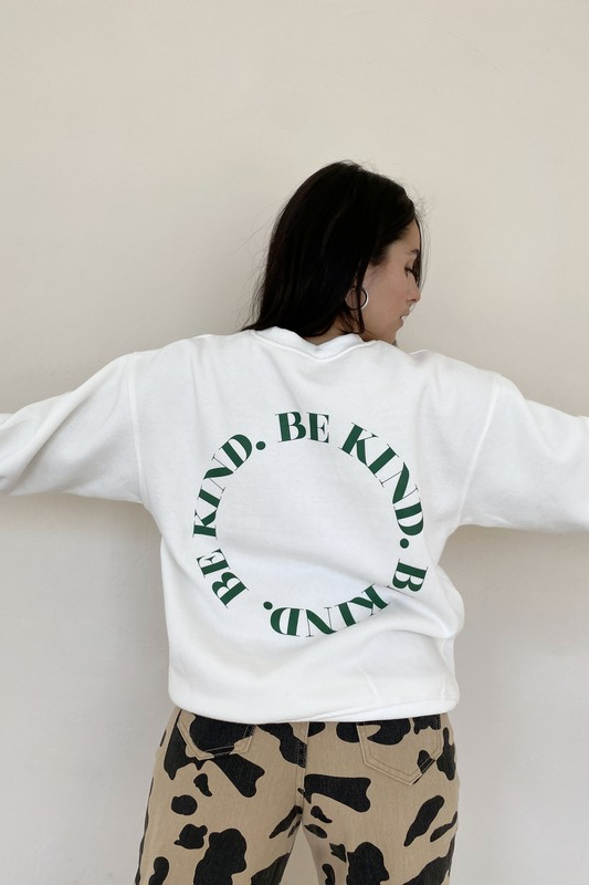 Sometimes we all need a little reminder that kindness is key (especially now!), and our Be Kind Sweatshirt is here to help you spread that message and be effortlessly comfortable while doing so. Classic relaxed crewneck silhouette in the softest cotton fleece, this piece is guaranteed to make you feel good while doing good!  Runs true to size, model wearing size small Self: 60% Polyester, 40% Cotton; Contrast: 95% Cotton, 5% Spandex Relaxed fit Crewneck