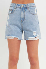It's all in the name, and you'll be wearing these classic distressed denim shorts all day, every day! With their perfect and effortless mid-thigh length and relaxed, loose fit, these are guaranteed to be the denim shorts you keep coming back to all spring and summer long.  Runs true to size Shell: 100% Cotton; Lining: 65% Polyester, 35% Nylon Five pocket style High rise Relaxed fit