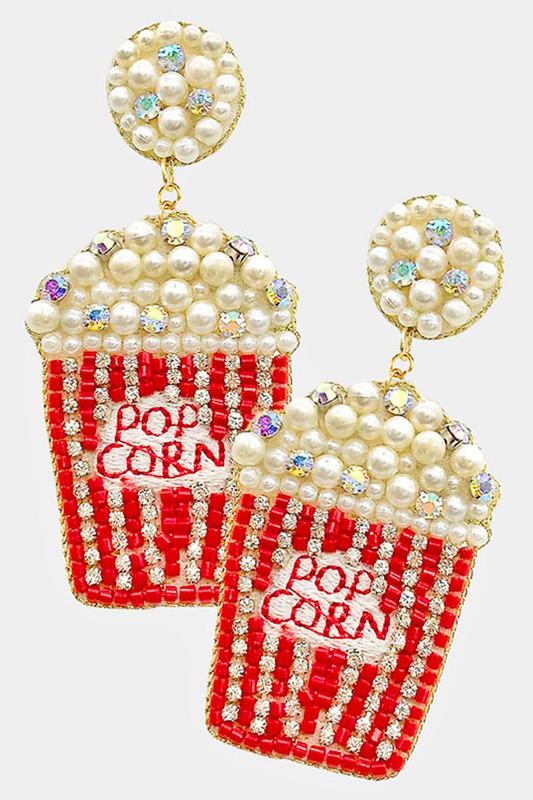Go ahead and grab the popcorn... these beaded earrings are a show all by their own! Whether you're throwing them on for movie night or just for a fun pop of color, these statement earrings are a guaranteed talking point.  Measure 1.5" x 3.4" Post back Lead and nickel compliant Felt back