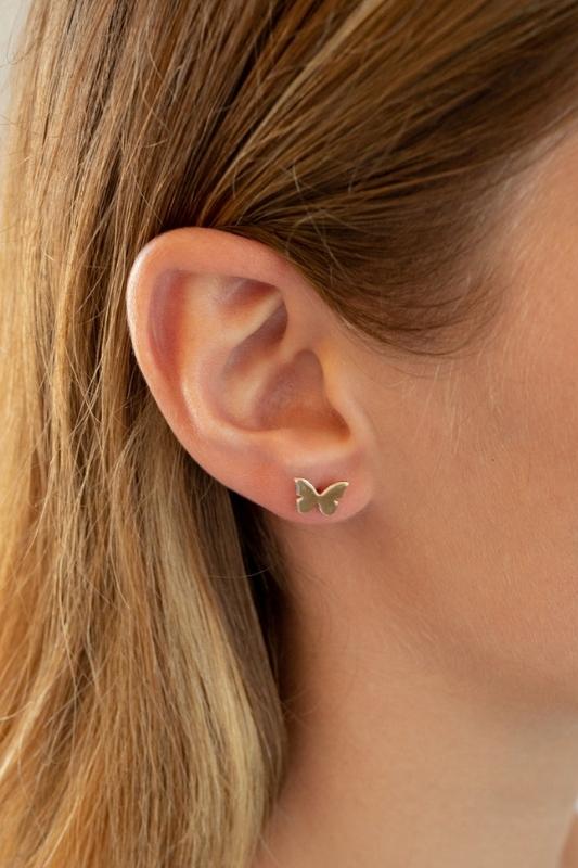 These precious butterfly studs flew their way right into our hearts! The perfect everyday piece and the easiest start to any ear party.  14 K Gold Filled, Sterling silver posts Handmade in Costa Mesa, CA. Sold as a set Pairs perfectly with our Butterfly Necklace