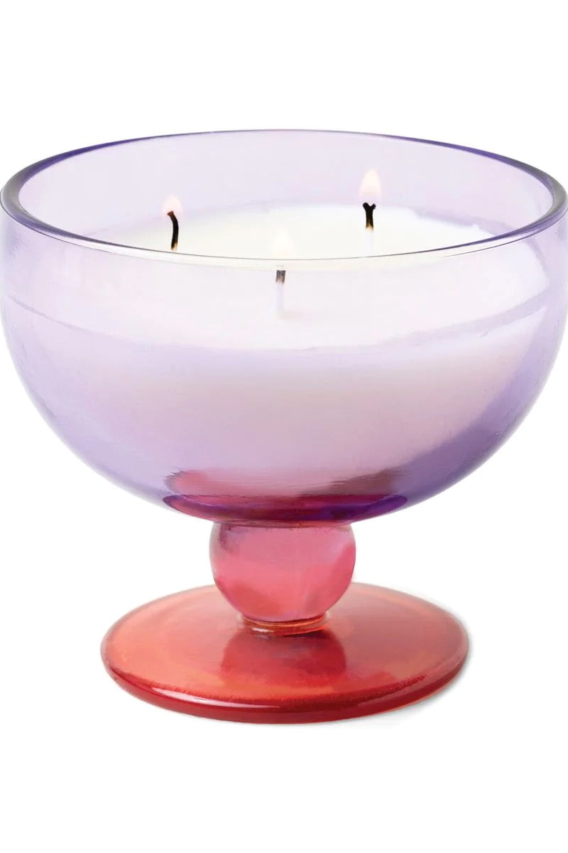 Three wick magic!  These food-safe goblets are absolutely stunning! Once you burn down the delicious candle, you can use these as wine glasses, dessert bowls, trinket trays... the options are endless.  *In Store Pickup Only* Sweet: floral and perfumed, delicate with rich base notes Each measures 4.25"l x 4.25"w x 3.75"h.