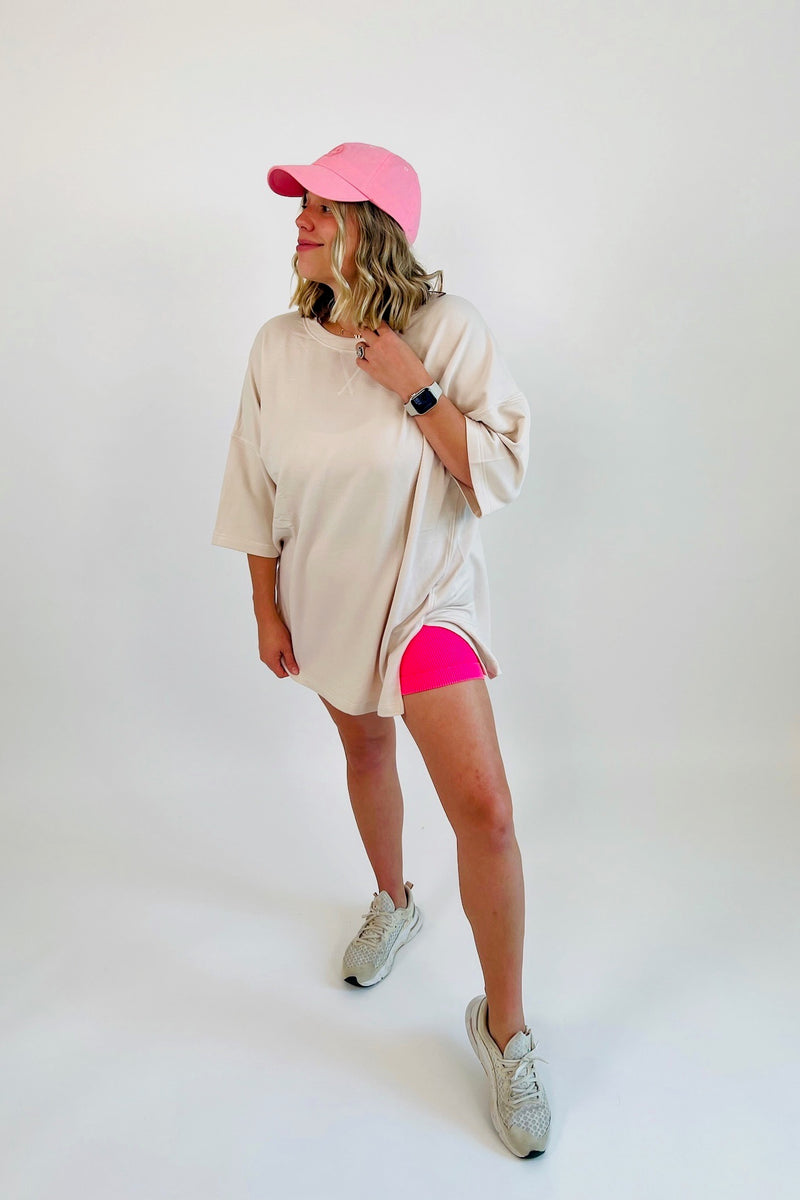Totally at ease, these ribbed biker shorts make us want to get up and get moving! Ultra lightweight, breathable ribbed fabric with a thick elastic waist band, these gems are perfect for the sweatiest of workouts. Mix n' match or find their perfect pair with our At Ease Ribbed Tops, or layer like we've done here with our Here For It Oversized Top.