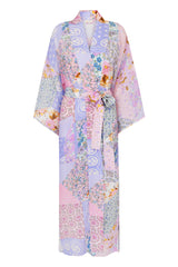Our Cha Cha Maxi Robe from Spell is their classic Robe shape reimagined with the signature Cha Cha patchwork print in ever dreamy Jacaranda. Featuring patch pockets at the sides and a detachable waist tie, this Robe is perfect for layering over intimates, lounge wear  and swim, or to add a pop of color to your tank and denim shorts.