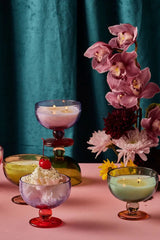 Three wick magic!  These food-safe goblets are absolutely stunning! Once you burn down the delicious candle, you can use these as wine glasses, dessert bowls, trinket trays... the options are endless.  *In Store Pickup Only* Sweet: floral and perfumed, delicate with rich base notes Each measures 4.25"l x 4.25"w x 3.75"h.