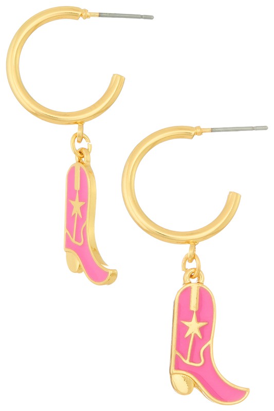 Talk about a statement... our Let's Go Cowgirl Huggies practically scream that you're here to party! The perfect pop of pink to any outfit.  Measure ~1.75" Open hoop dangle studs