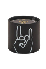 Rock on! Express yourself with these matte ceramic candles. Each candle comes with a gold foil stamped dust cover with a fun sentiment to share with the people you love.  *In Store Pickup Only* Top Notes: Pink Peppercorn, Bergamot, Clove Bud, Saffron Middle Notes: Black Leather, Gingerlily, Cedar Leaf, Elemi Resin Base Notes: Dark Oak, Agarwood, Guaiac, Burlwood, Cade Size: 5.75 oz. Vessel: Ceramic Dimensions: 3.125" L x 3.125 " W x 3 " H